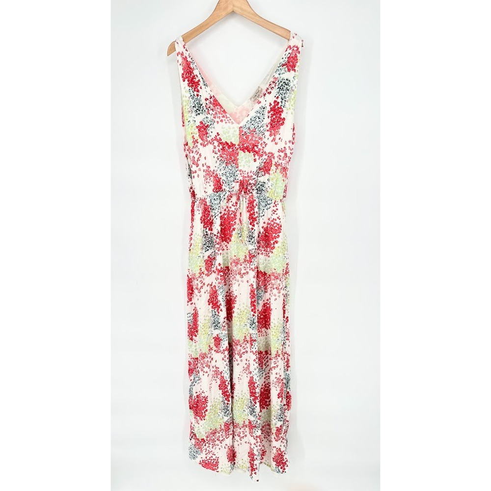 Lucky Brand M Watercolor Floral Maxi Tank Dress Multicolor Waist Tie Pocket Boho